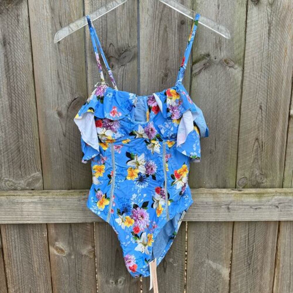 Nanette Lepore Swimsuit One Piece Floral Ruffle Blue Medium NWT Beach Vacation‎